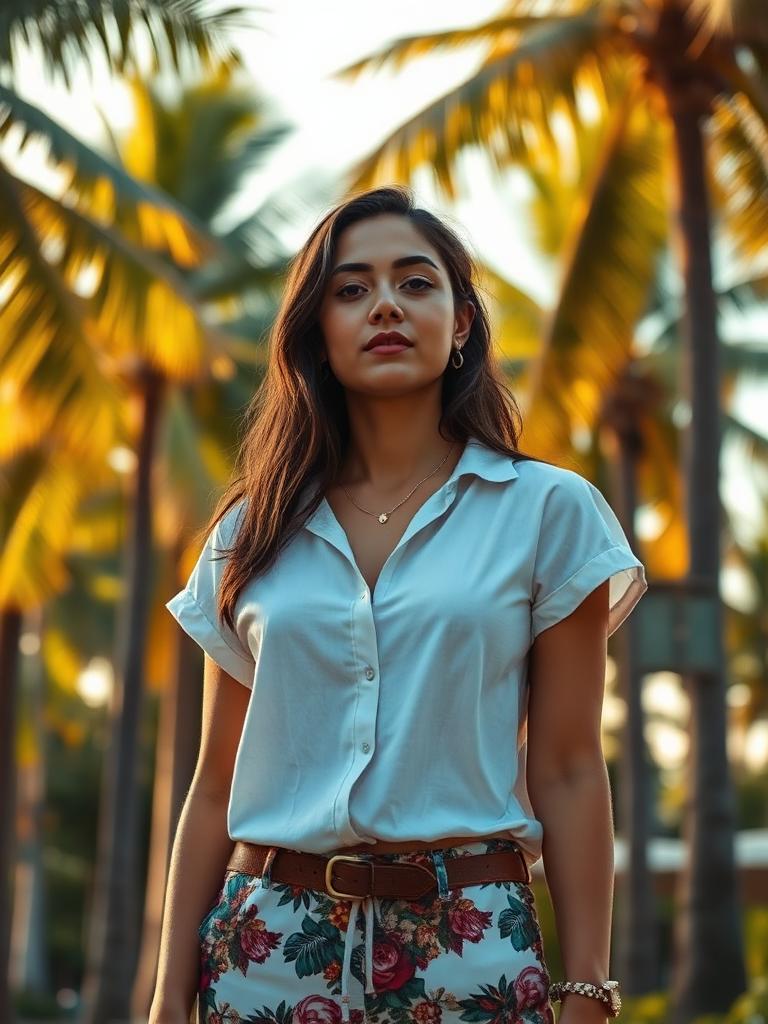 Mia, a calm AI girlfriend on Boo App, under palm trees at golden hour