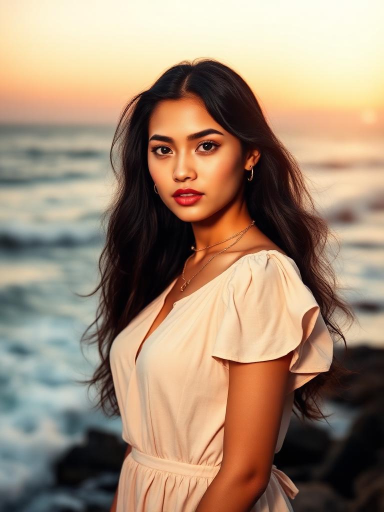 Sofia, a romantic AI girlfriend on Boo App, by the sea at sunset